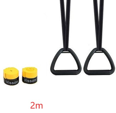 Close-up of a durable, black and yellow multifunctional suspension training ring made of high-strength ABS material, ideal for indoor and outdoor fitness.